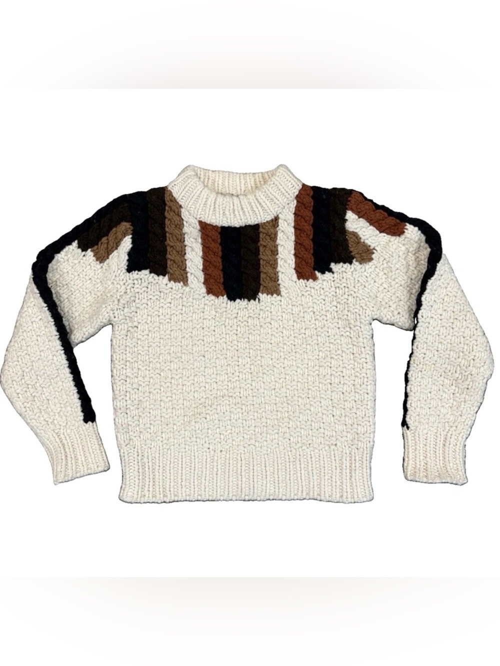 Sea New York Woman’s Chunky Sweater Small Wool Brown/Beige Block Striped Top